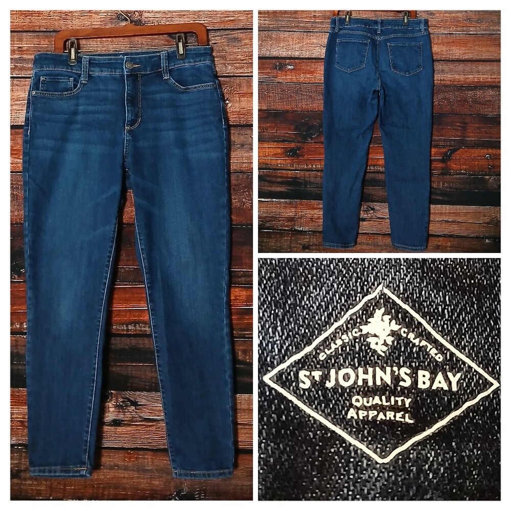 St Johns Bay Jeans Size 12 Skinny Ankle Mid Rise Blue Denim Stretch